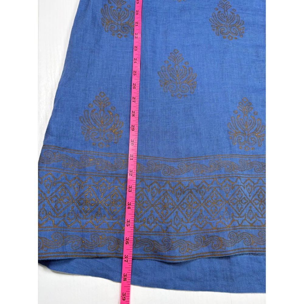 Soft Surroundings Blue Linen Gold Sequin Block Print Shift Dress L Coastal Boho - Picture 10 of 10